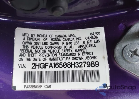 2008 Honda Civic Lx from USA, damaged, VIN 2HGFA16508H327989